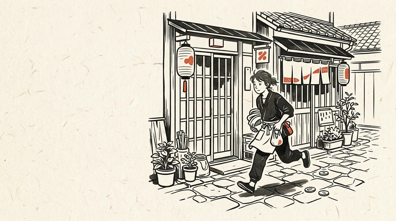2つのアルバイト先を行き来する若者のイラスト