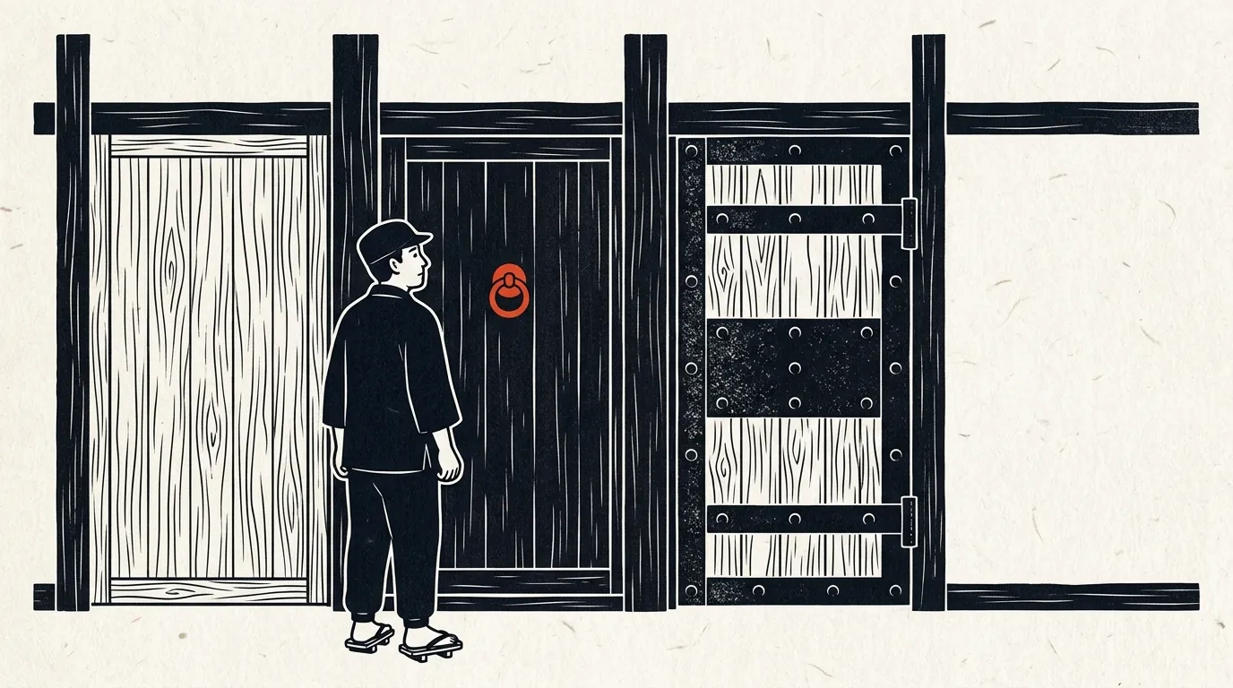 3つの扉の前で選ぶ人のイラスト