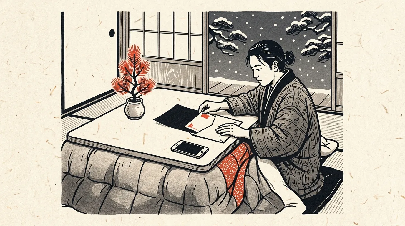 年明けにふるさと納税の申請書を封筒に入れる人のイラスト