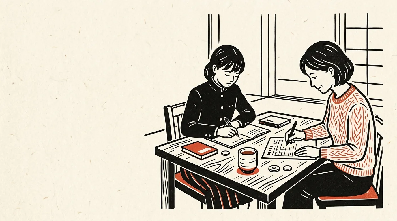 高校生の子どもの横で扶養控除の書類を書く親のイラスト
