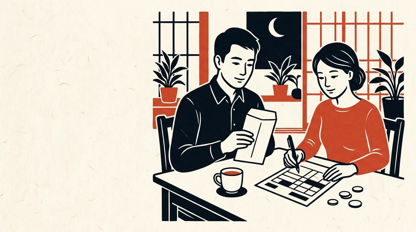 夫婦で年末調整の配偶者控除の書類を書くイラスト