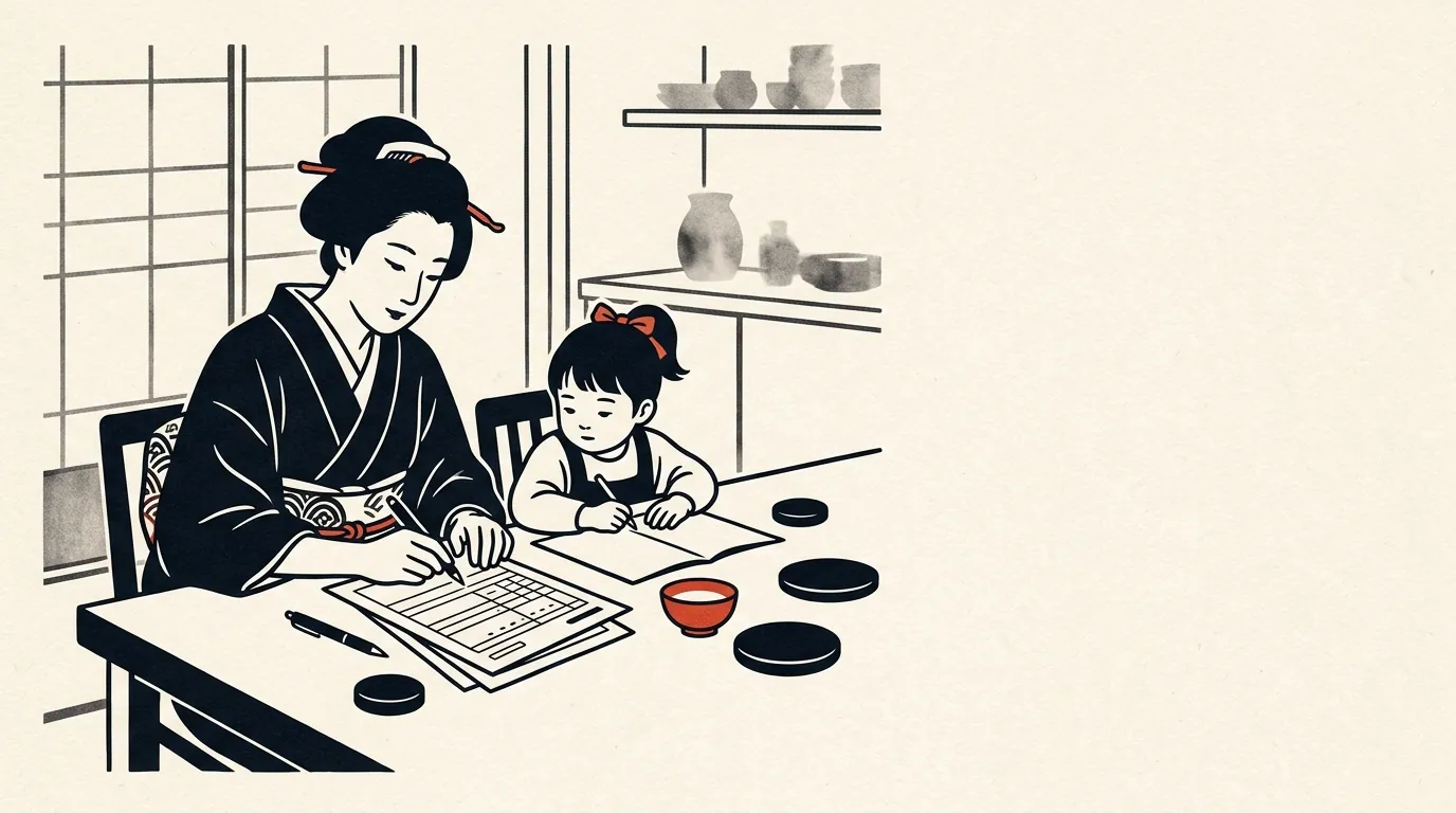 子どものそばで税金の申告書を記入するひとり親のイラスト