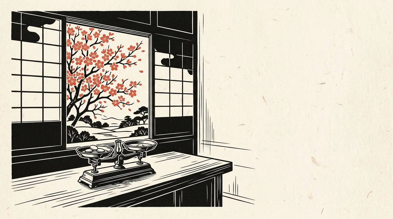 桜の季節のオフィスと硬貨をはかる秤のイラスト