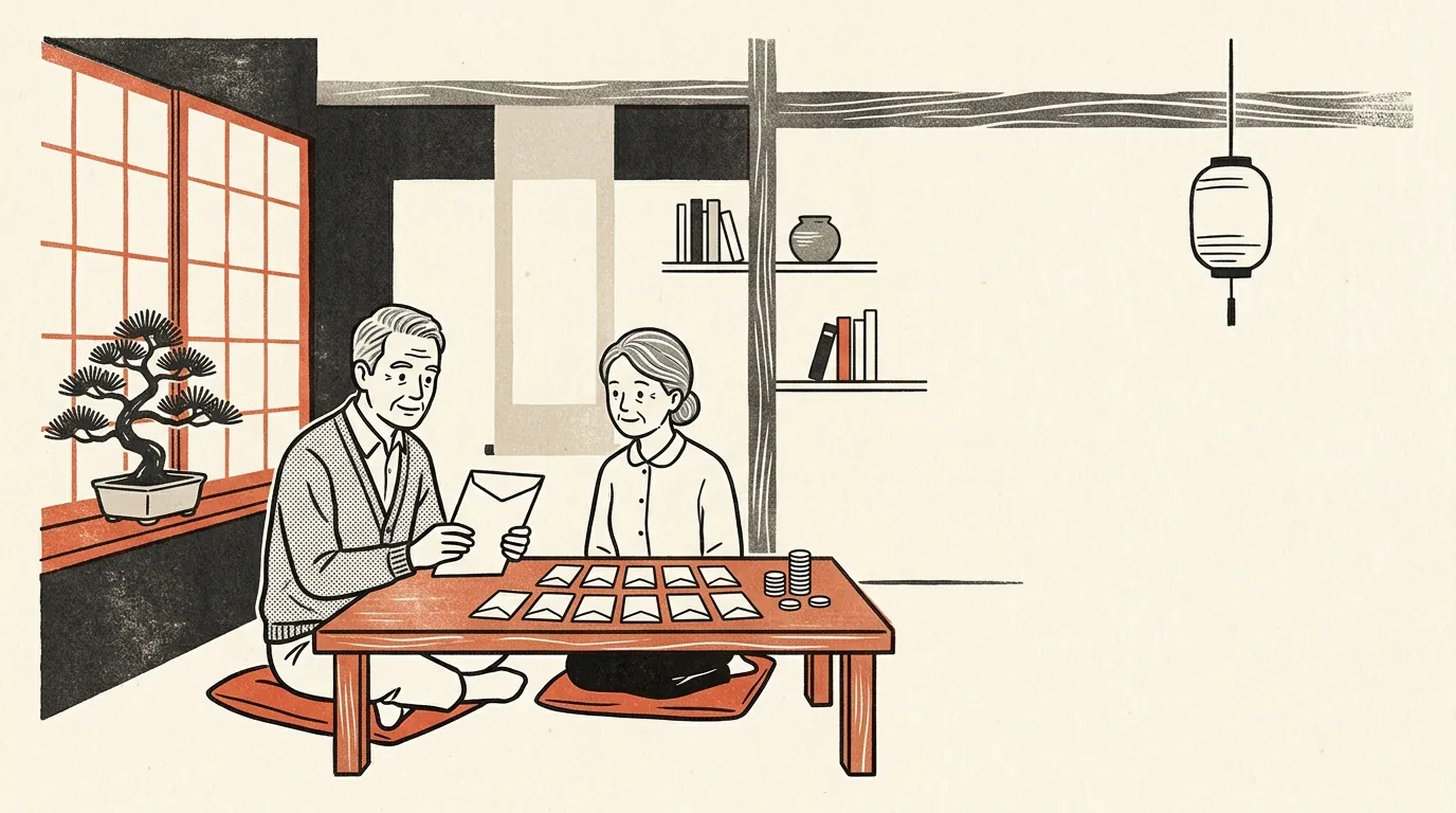 iDeCoを一時金で受け取るか年金で受け取るか比べる夫婦のイラスト