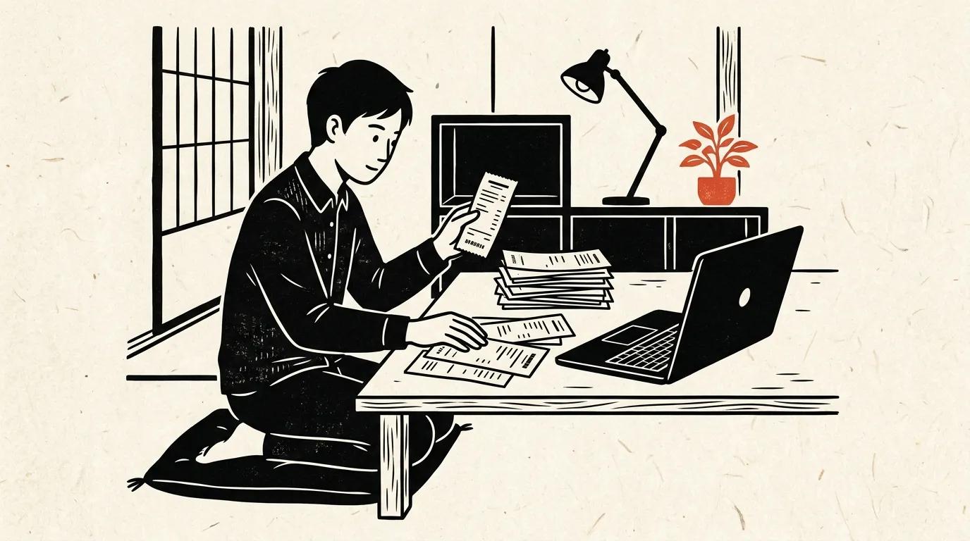 医療費の領収書を整理して確定申告の準備をする会社員のイラスト