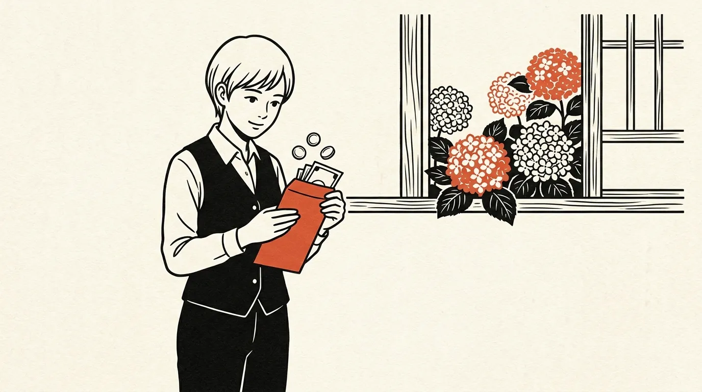 紫陽花の季節に給与袋を見る若い社会人のイラスト