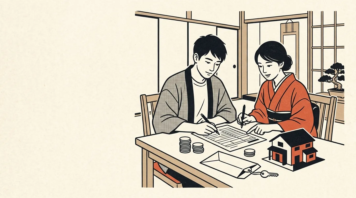 新居で住宅ローン控除の申告書を記入する夫婦のイラスト