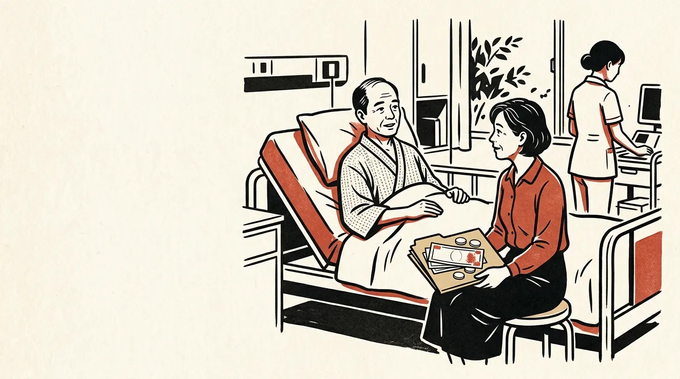 病室で家族と医療費の書類を確認する患者のイラスト