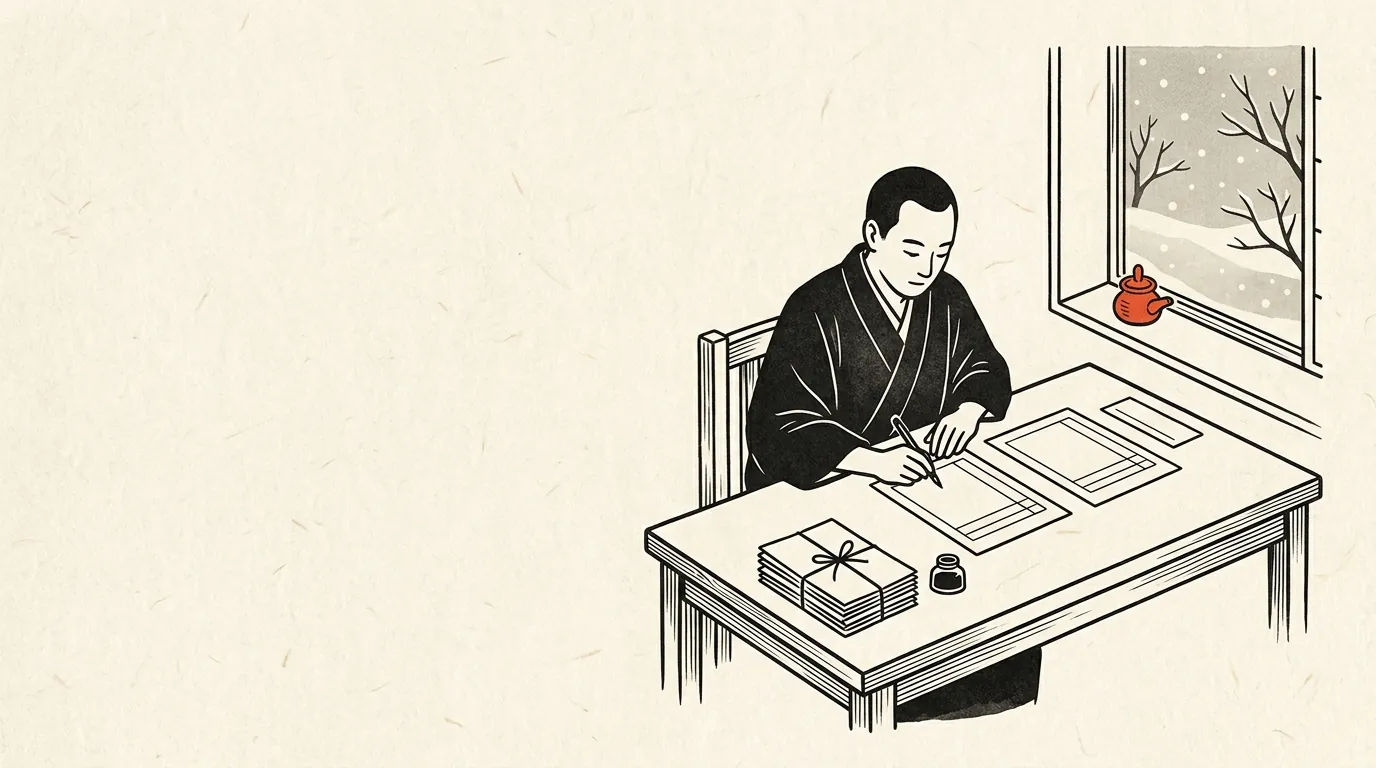 冬の窓辺で3枚の書類を書く人のイラスト