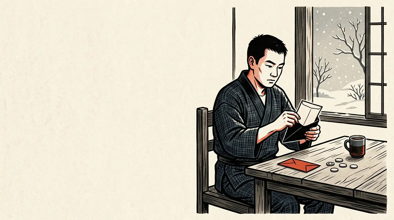 冬の机で給与袋を開ける人のイラスト