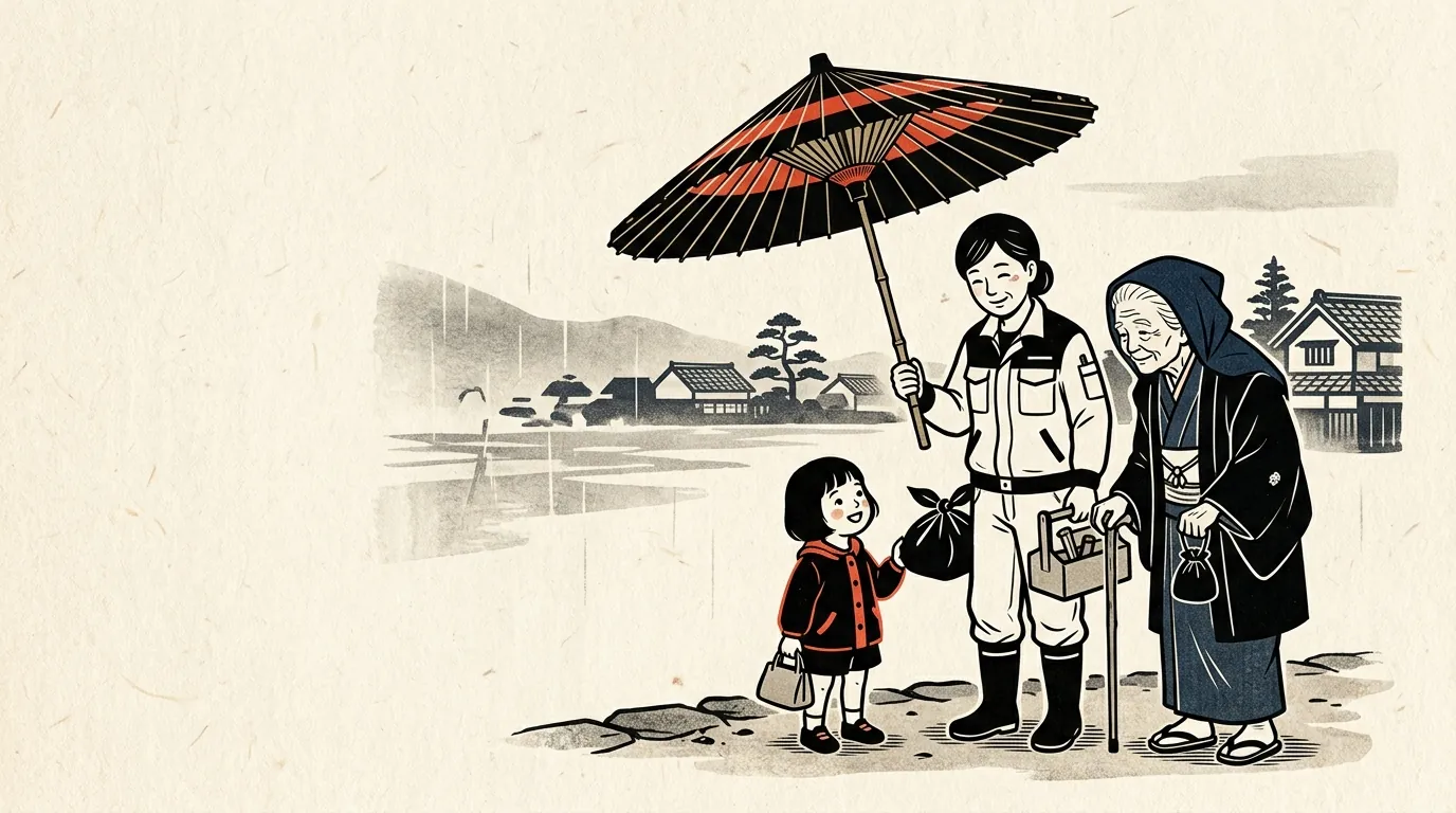世代の違う人々がひとつの大きな傘に入るイラスト
