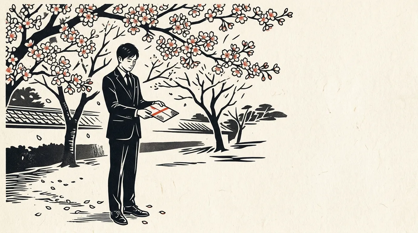 桜の下で初任給の封筒を持つ新社会人のイラスト