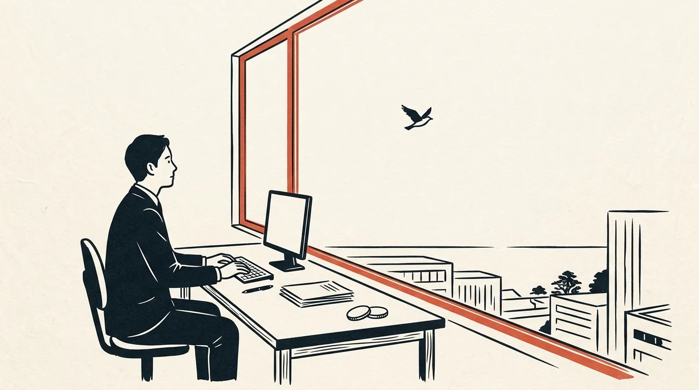 窓の外の鳥を見つめる会社員のイラスト