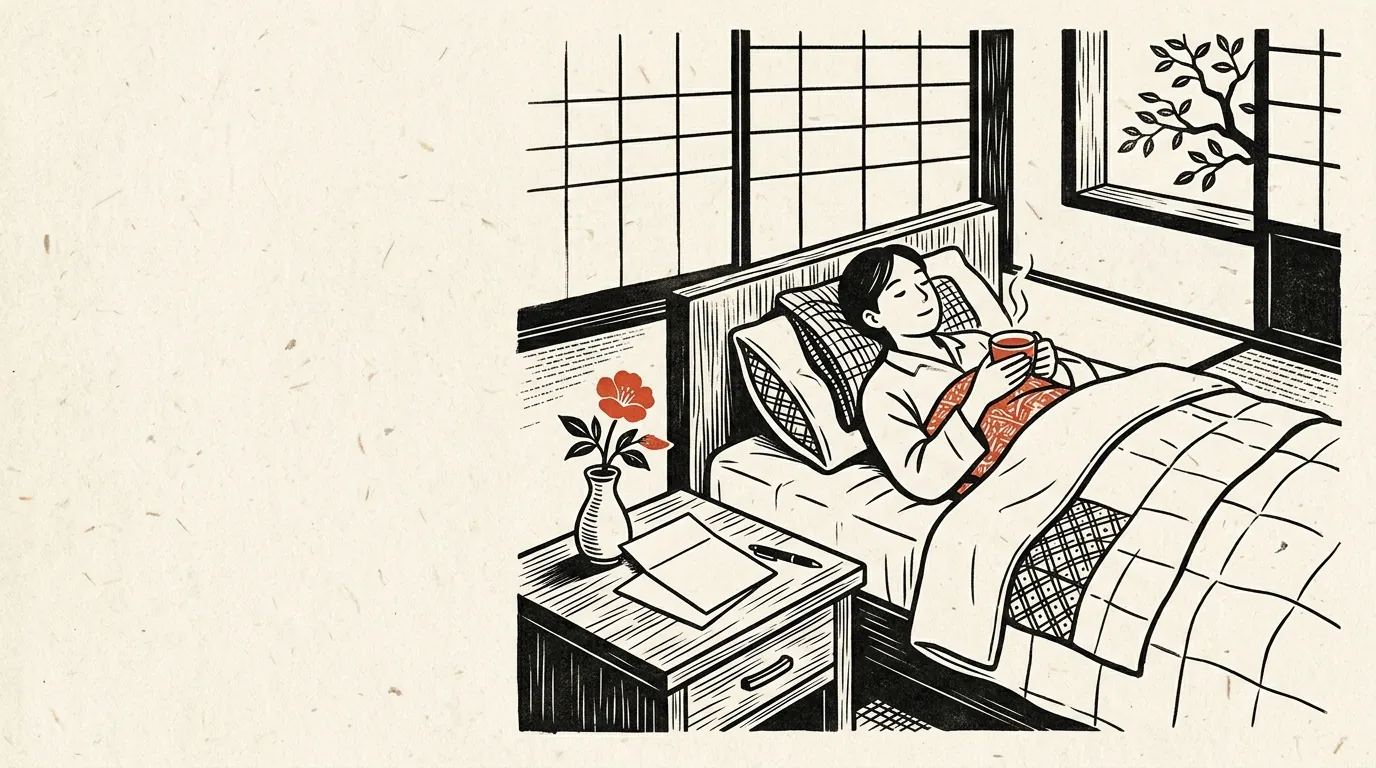 ベッドで休む人と書類のイラスト