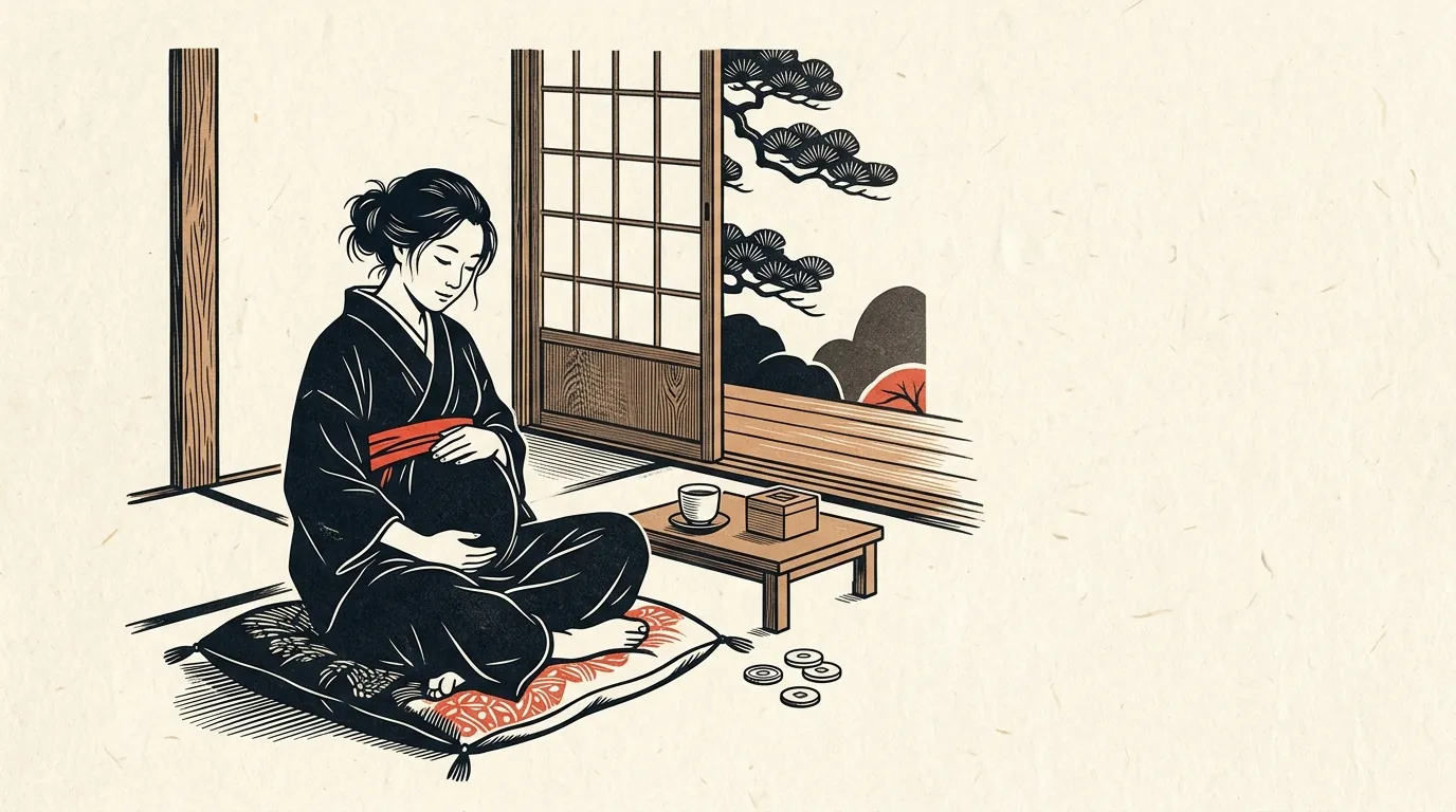 窓辺でお腹に手を当てて座る妊婦のイラスト