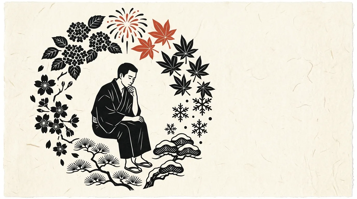 季節の絵に囲まれて考える人のイラスト
