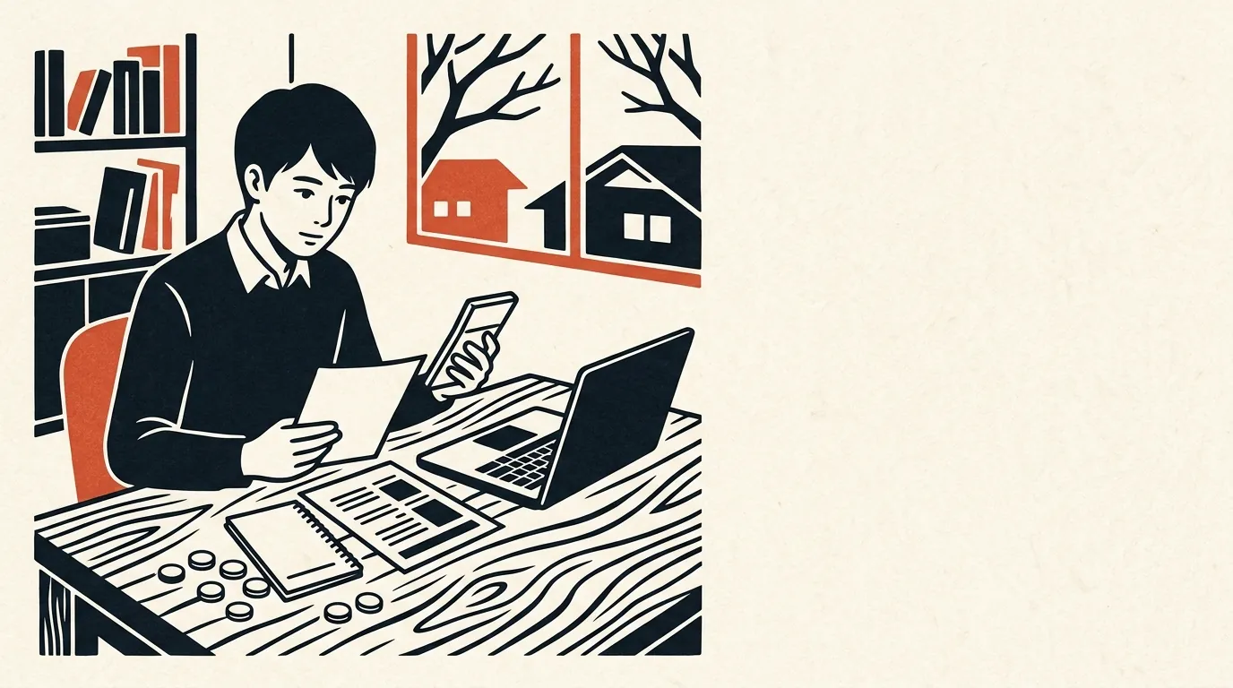 求人票と家計簿を見比べて額面を逆算する会社員のイラスト