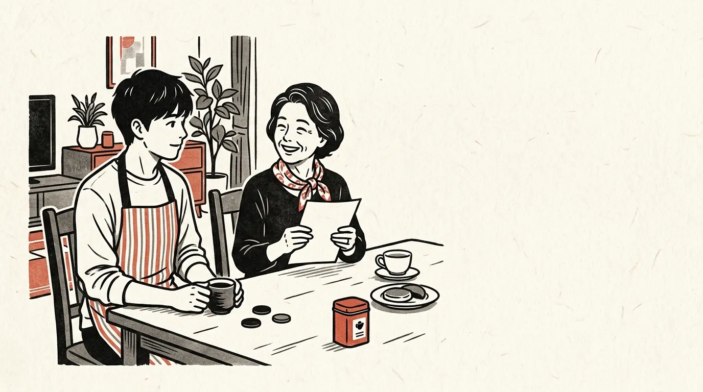 アルバイトをする大学生の子と年末調整の書類を見る親のイラスト