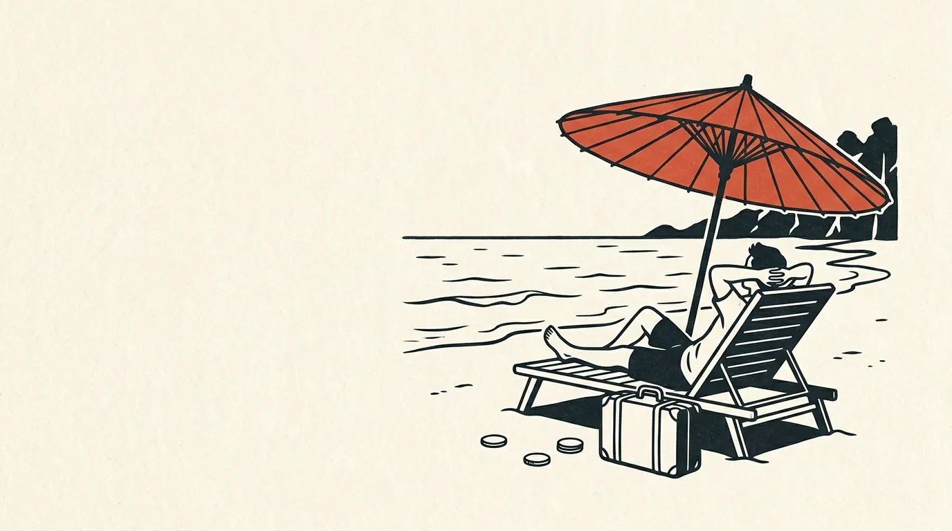 海辺のパラソルの下でくつろぐ人のイラスト