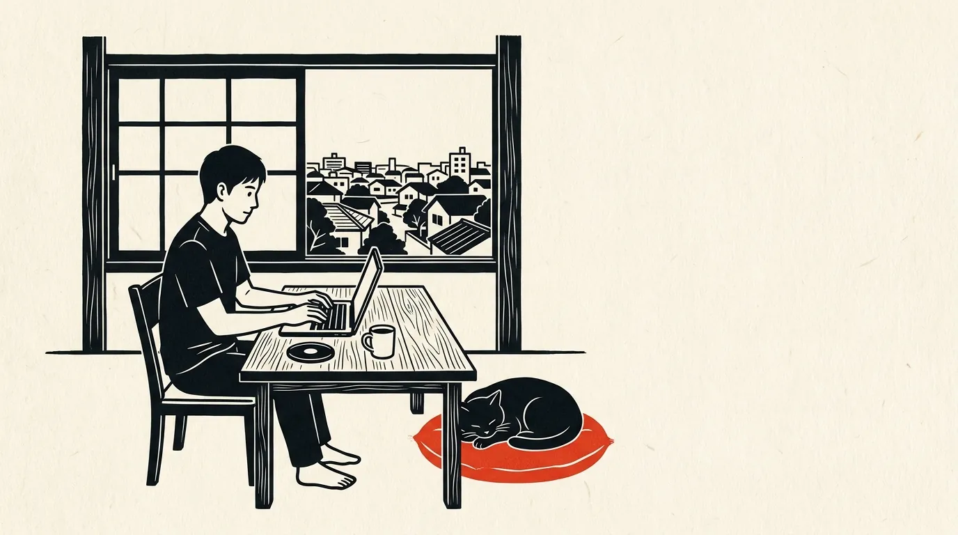 自宅で猫のそばでノートパソコンに向かうフリーランスのイラスト