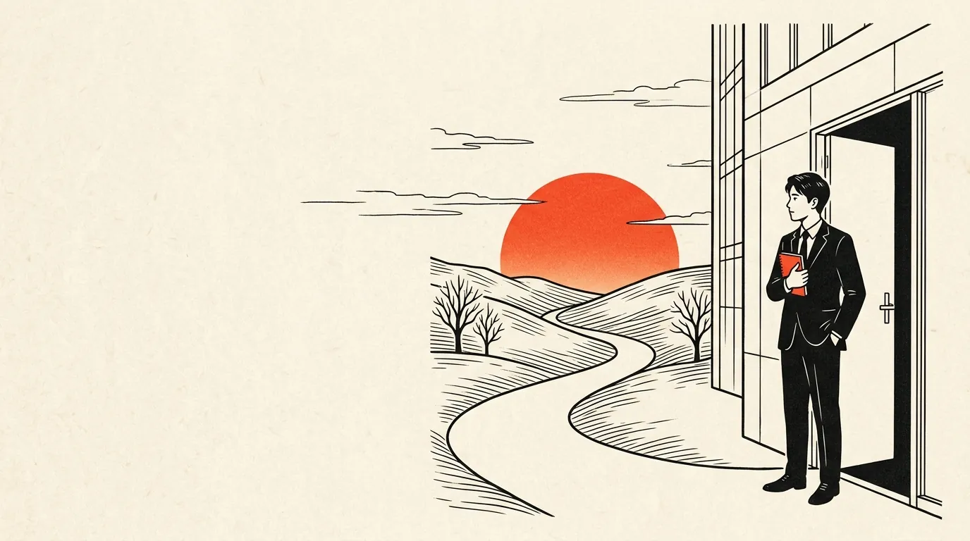 会社のドアの前に立ち、朝日へ続く道を見つめる会社員のイラスト