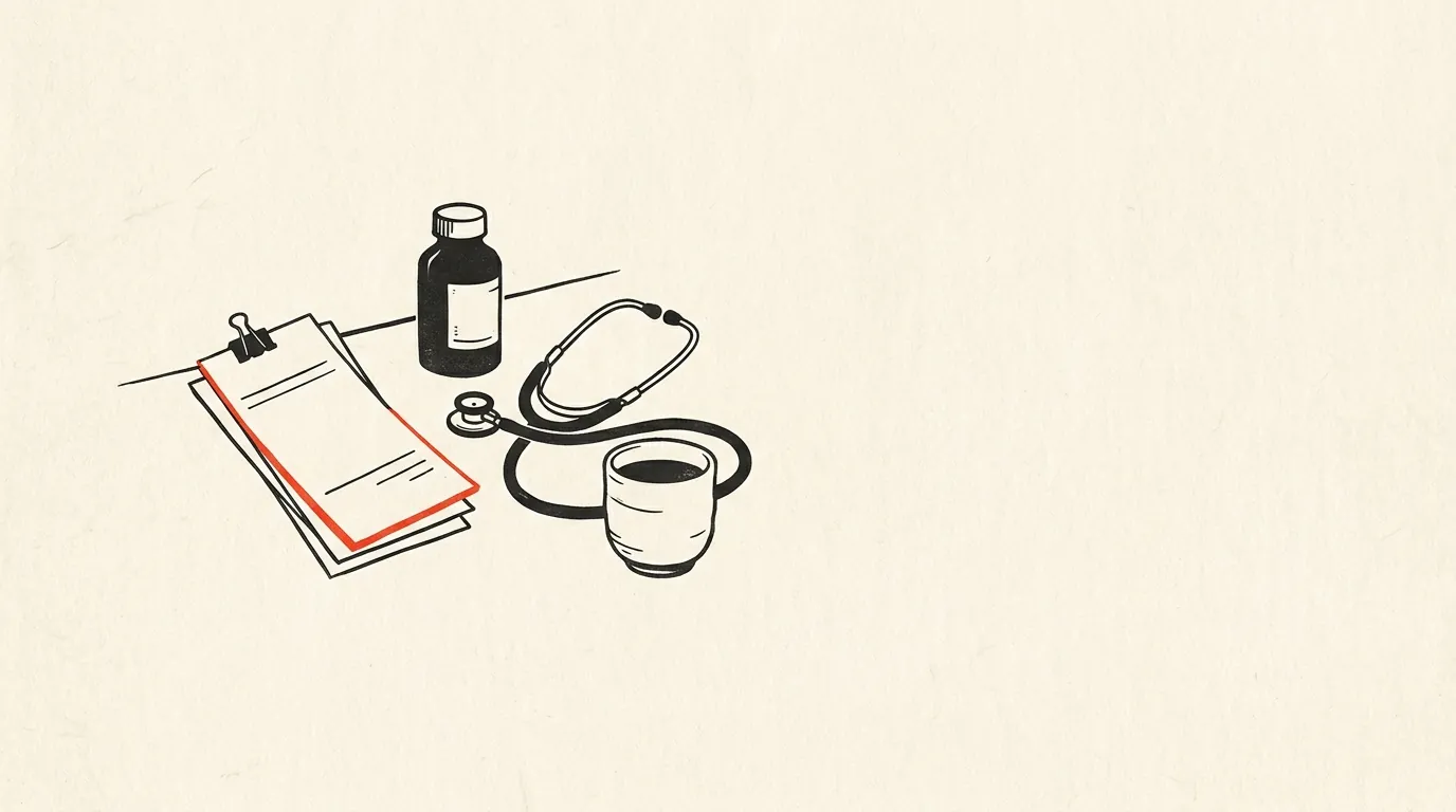 クリップで留めた領収書の束と薬瓶、聴診器のイラスト