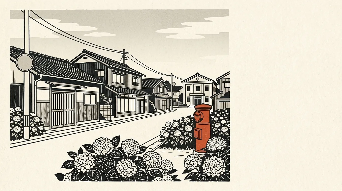 紫陽花の咲く住宅街と町役場のイラスト