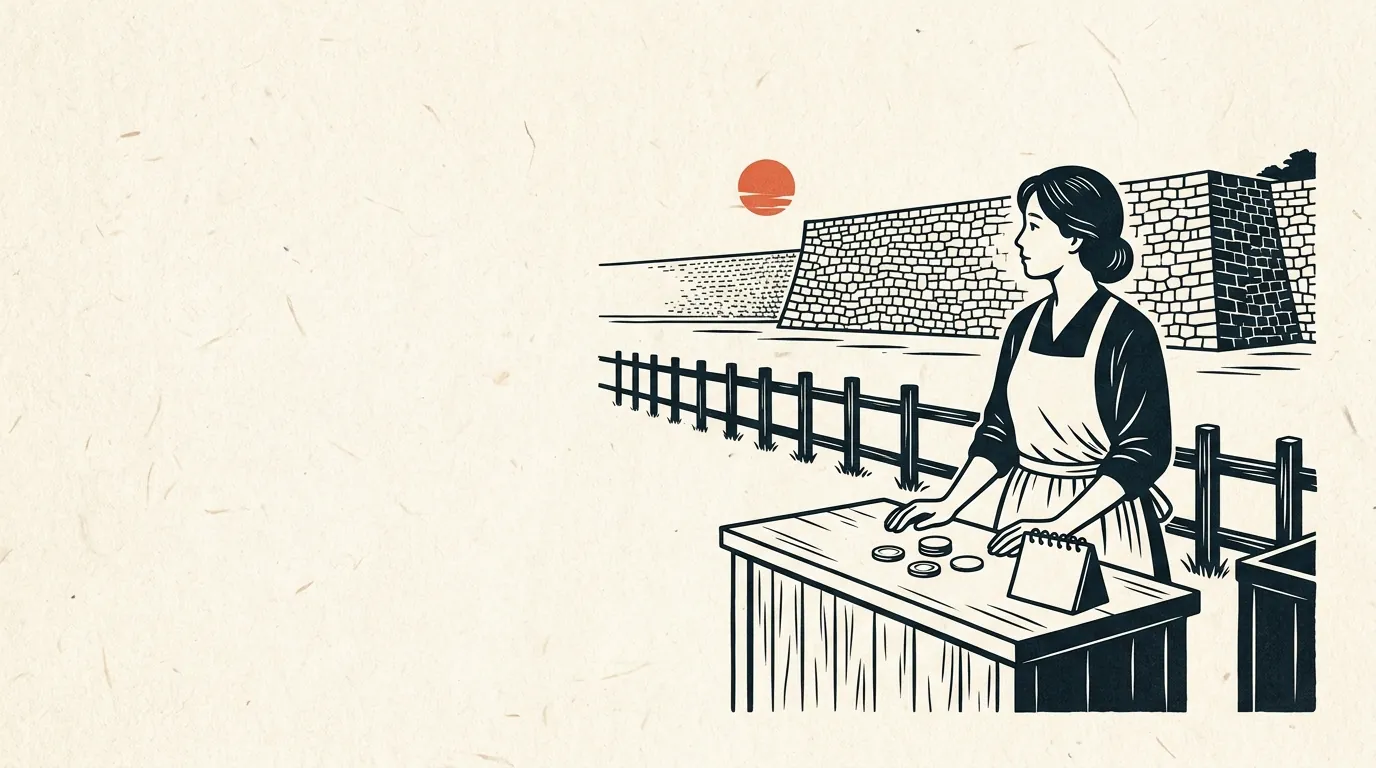 店先で遠くの石垣を見つめるパートの女性のイラスト