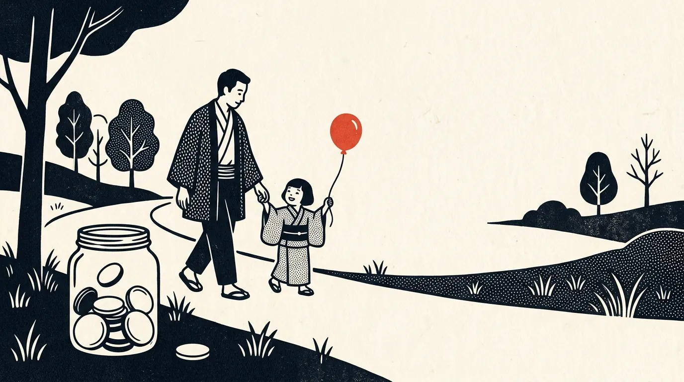 手をつないで歩く親子と硬貨の入った瓶のイラスト