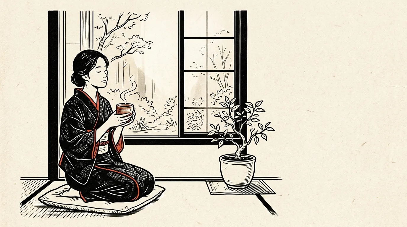 窓辺でお茶を飲みながら休む人のイラスト