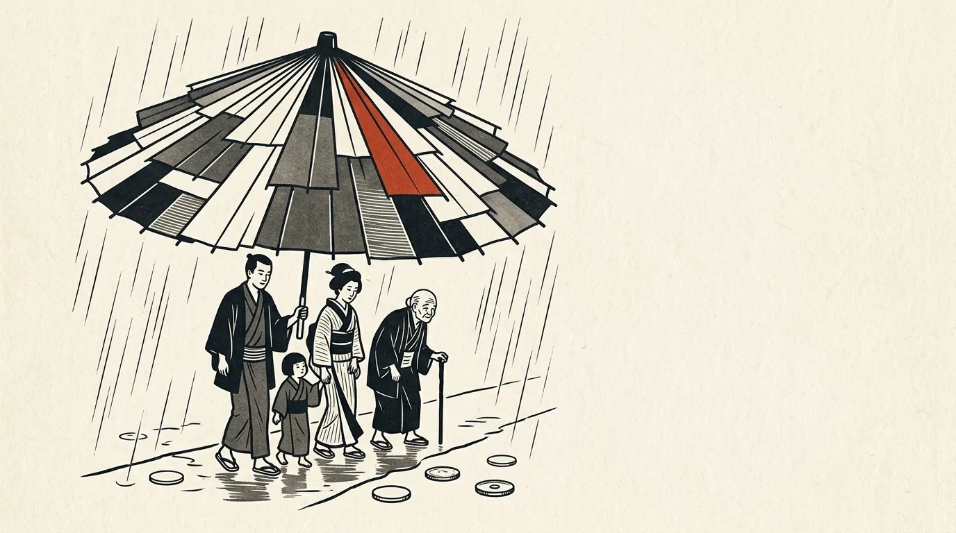 何枚もの紙を重ねた大きな傘の下に入る家族と高齢者のイラスト