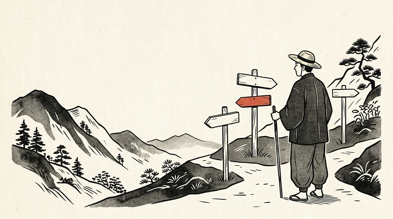 山道の分かれ道で道標を見て考える人のイラスト