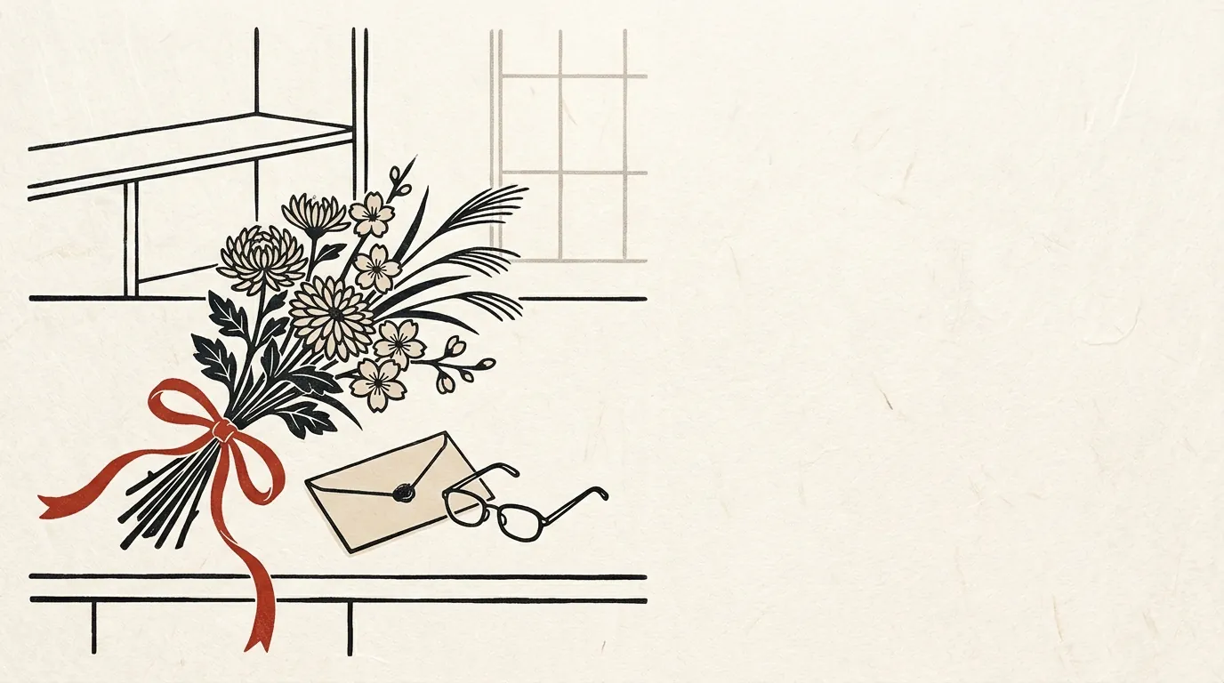 花束と封筒と眼鏡が置かれた机のイラスト