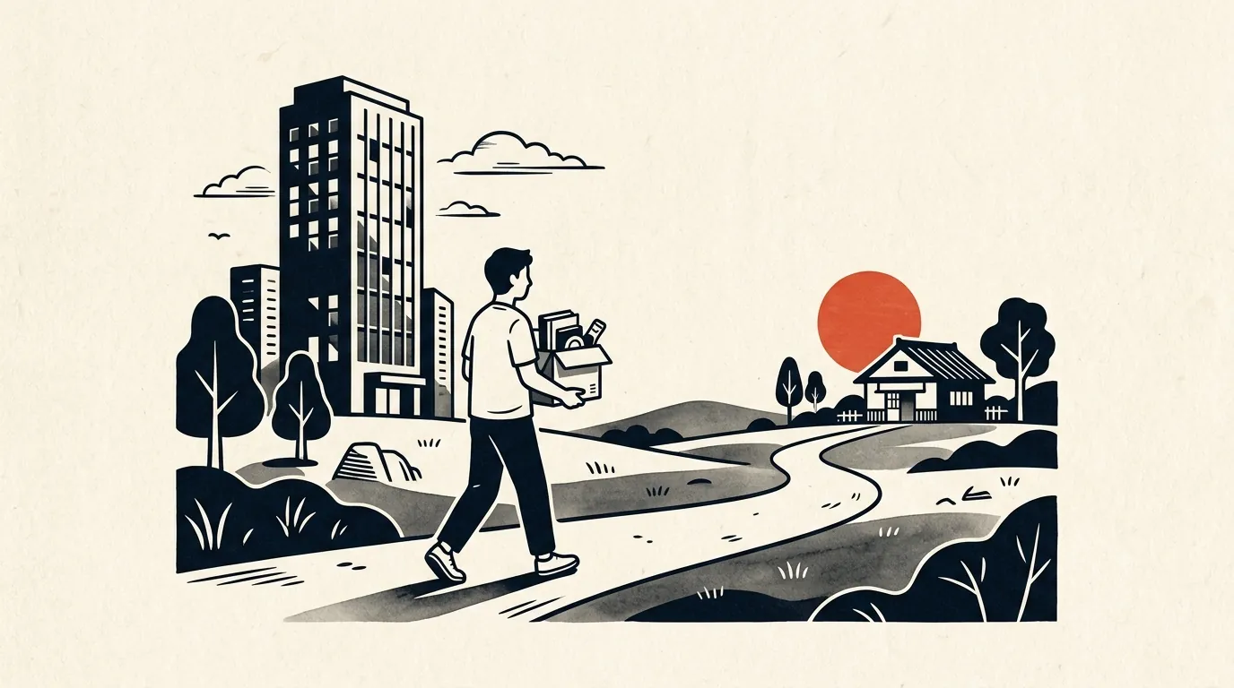 段ボール箱を抱えて会社を出て、家へ続く道を歩く人のイラスト