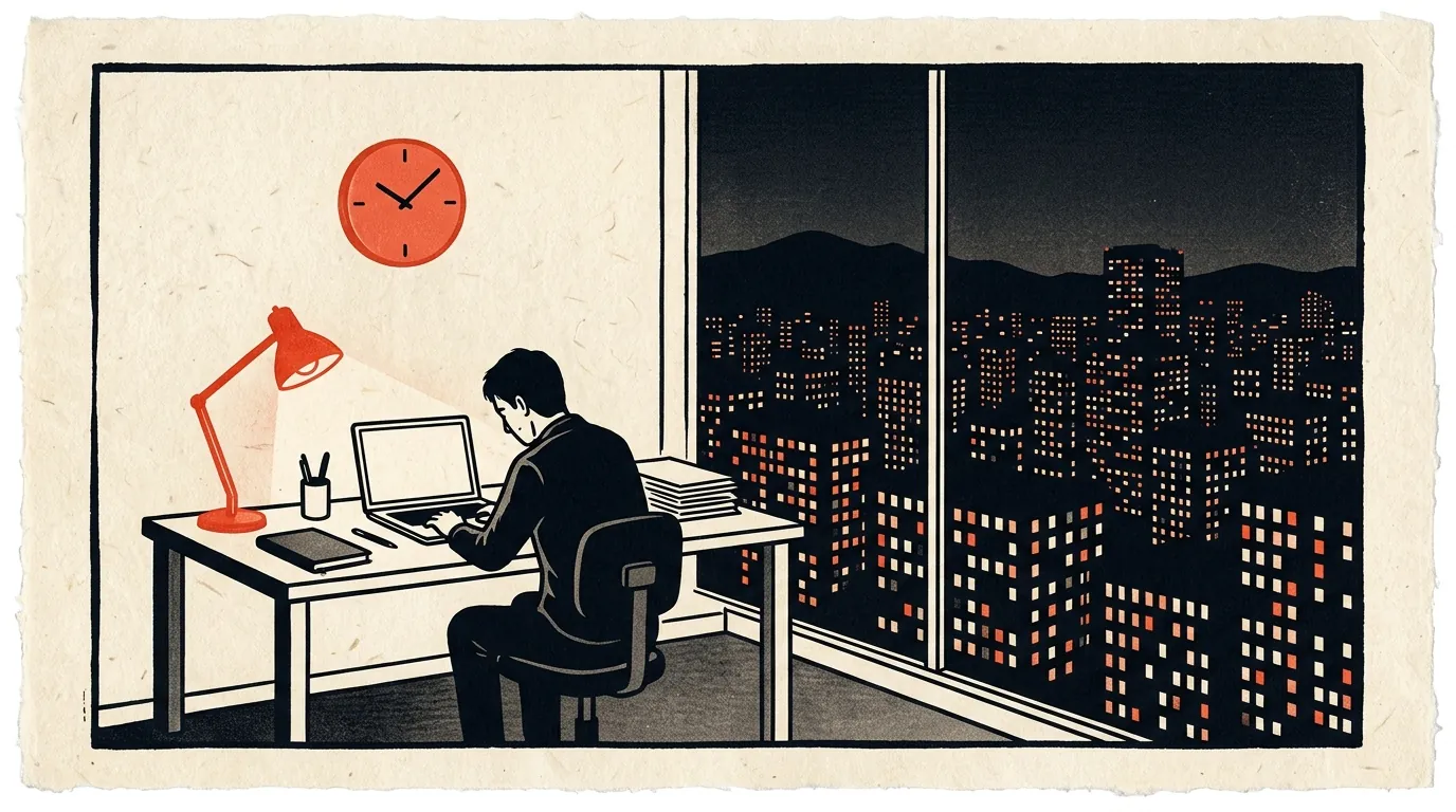 夜のオフィスで残業する人のイラスト